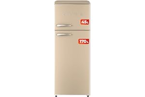 EVVO Frigorífico 2 Puertas, Estilo Retro, Refrigerador 170 Litros, Congelador 45 Litros, Diseño Vintage, Cajón Crisper Zone, Libre de Gas CFC, Silencioso. F45 Beige