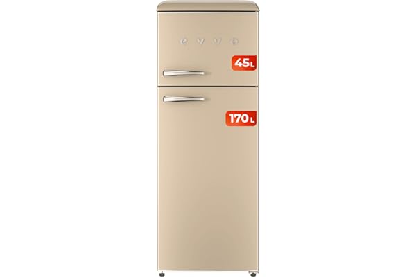 EVVO Frigorífico 2 Puertas, Estilo Retro, Refrigerador 170 Litros, Congelador 45 Litros, Diseño Vintage, Cajón Crisper Zone, Libre de Gas CFC, Silencioso. F45 Beige