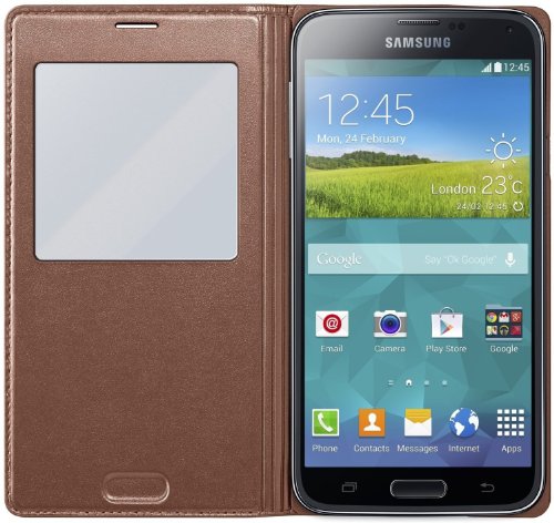 Samsung S-View - Funda para m  vil Galaxy S5  Inteligente  permite controlar funciones como la c  mara  las notificaciones o las llamadas entrantes  impermeable   rosa dorado