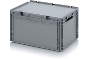 Auer Packaging Eurobox Boîte de rangement empilable avec couvercle 60 x 40 x 33,5 cm avec poignées ouvertes et couvercle à charnière avec mètre pliant 60 x 40 x 33,5 cm Facile à transporter