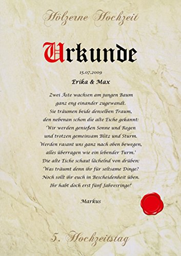 Hölzerne Hochzeit Urkunde persönliche Geschenk Karte zum 5. Hochzeitstag Pergament div. A4 Papier Motive - 4
