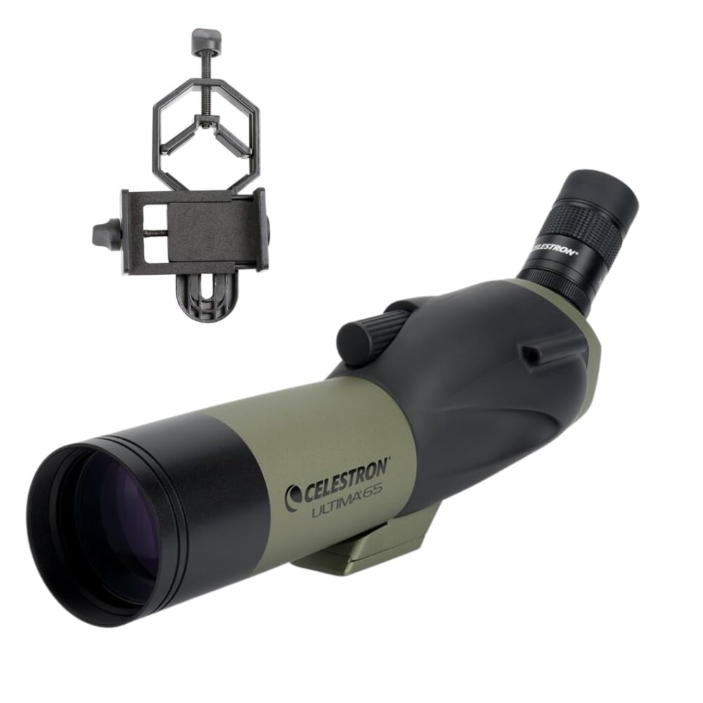 Celestron Ultima 65mm Angled Spotting Scope with 18-55x Zoom Eyepiece and Smartphone Adapter for Target Shooting Hunting Bird Watching Wildlife Astronomy Scenery