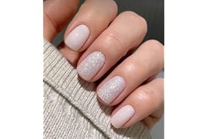 MOUYOUGLOW MouYou 24 sztuki Press on Nail krótkie krótkie krótkie paznokcie, kwadratowe wesele, jasnoróżowe, brokatowe, sztuczne paznokcie z klejem do paznokci, prostokątne, różowe, akrylowe, sztuczne paznokcie