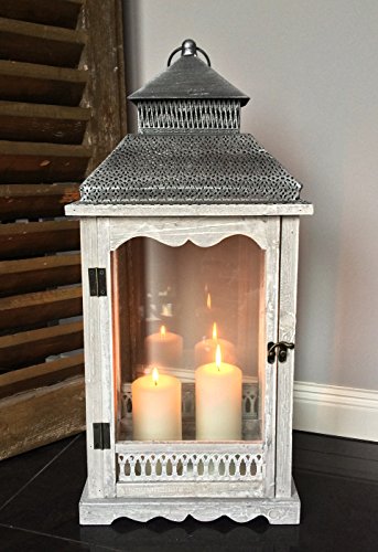 XL Holz Laterne Windlicht Metalldach weiß / grau gewischt – 60 cm – Landhaus Shabby Chic - 5