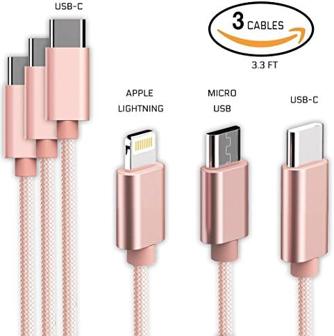 USB Type C Cable Package, USB C to Lightning, USB C to Micro USB, USB C to USB C, Data Sync &amp; Charger Cord Connector Adapter 3.3FT for Apple iPhone 8 Plus iPhone X iPad Pro S8 New MacBook Pro 2017 (Rose Gold 3 Cable)