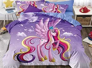 Sky Tex Lilac Color Unicorn Printed 3D Prints Glace Cotton 140 TC King Size Double Bed Sheet with 2 Pillow Covers (Buy This Bed Sheet Get 1 N - 95 Mask Free)