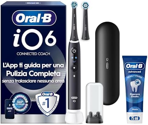 Oral-B iO 6 Spazzolino Elettrico Ricaricabile, 2 Testina di Ricambio, Nero - 2 Testine di Ricambio per Spazzolino Elettrico, Custodia da Viaggio + 1 Dentifricio Advanced Rigenera Smalto, Pulizia Denti