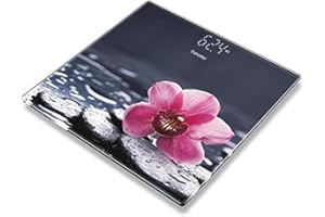 Beurer GS 215 Relax Pèse-personne en verre motif orchidée, avec écran magique, affichage matriciel, surface de pesée verre de sécurité et capacité de charge jusqu'à 180 kg