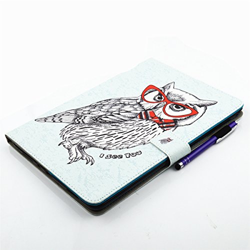 Etsue Kunstleder Schutzhülle für Samsung Galaxy Tab A 9.7/T550/T555 Leder Tasche Bookstyle Hülle Flip Case Wallet Cover, Bunte Retro Muster Schutz Hülle Etui Schale Weich TPU Innere mit Magnetverschluss Standfunktion Kartenfächer für Samsung Galaxy Tab A 9.7/T550/T555 + 1x Glitzer Staub Stecker + 1x Blau Eingabestift-Niedlich Eule - 5