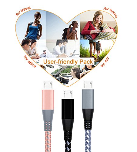 Micro cable 3Pack 1.8M, Xinfaxin Premium Nylon Braided USB Charging Cables for Samsung, LG, Motorola, Nexus, HTC,Sony, Android Devices and More (Rose Gold gray,gray white,black white) - 7