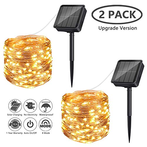 Solar Fairy String Lights 2 Pack, Makion 100LED 10M/33Ft 8 Modes Garden Lights, Waterproof Outdoor/Indoor Copper Wire Decorative Lighting for Patio Wedding Christmas (Warm White) [Energy Class A++]