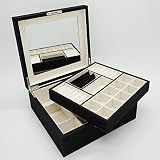 4Queens XXL Flaches Design Schmuckkasten Schmuckkästchen Schmuckbox Schmuckkoffer Schmuck Aufbewahrung Schmuckschatulle Jewelry Box Bijou Box Jewelry Case abschließbar mit großem Spiegel LxBxH: 28*26*11cm (Schwarz/Beige) - 4