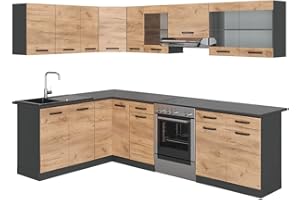 Vicco Cucina angolare completa Rick, Antracite/quercia dorata, 267 x 167 cm, PL Fantasia nera