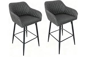Requena Pair of Bar Stools with Leatherette Upholstered Seat, Armrest & Backrest, Black Metal Legs, for Kitchen and Breakfast Bar (BAR01, Leather-Grey-1)