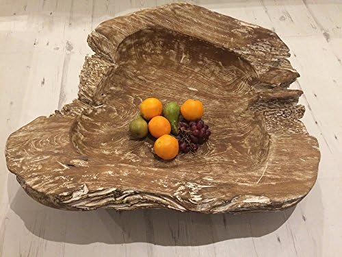 Solid Teak Wood Fruit Bowl – White Wash - Wooden Dish Serving Plate Round - Extra Large - 80 x 80 x 20 cm