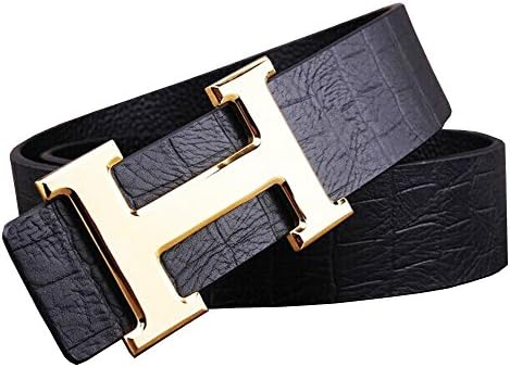 OKOKO men's fashion H copper buckle genuine leather belt(H3) (105cm(up to 35" wasit), Black Golden buckle)