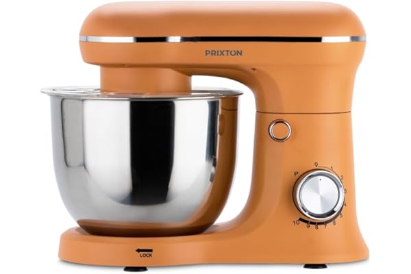PRIXTON Batidora Amasadora KR250 para Repostería, Potencia 1500W, 10 Velocidades, Bol Acero Inoxidable de 5 litros, 3 accesorios, Tapa Transparente, Color Naranja Mate (Reacondicionado)