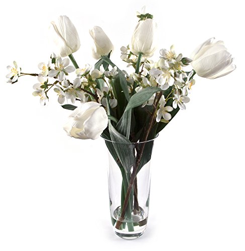 Peony 6762 White Tulips and Blossom Artificial Floral Arrangement in a Tall Glass Vase