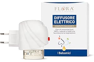 FLORA Diffusore Elettrico “Balsamico” + Ricarica 25 ml – Sinergia di Oli Essenziali Naturali (Eucalipto, Pino, Menta, Timo, Tea Tree), Profumo Fresco per Ambienti, Fino a 30 Notti di Fragranza