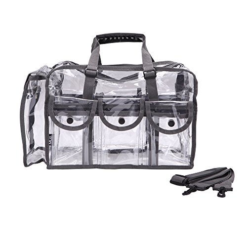 MUA LIMITED Makeup Artist Storage Bag, Clear Cosmetic Bag with Side Pockets and Shoulder Strap, Ergonomic Handle, ON THE GO Series - Clear/Grey Trim