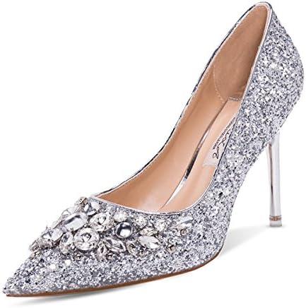 NBWE Cinderella Crystal Shoes Bridal Wedding Shoes Pointed Silver Sequins Rhinestone High Heels