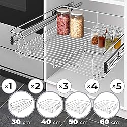 Jago Tiroir Téléscopique de Cuisine - pour Placard de 30 cm, Largeur (30, 40, 50, 60 cm) et Set (1, 2, 3, 4 et 5 pièces) au Choix, Charge Max. 20 kg, Rails Inclus - Panier de Rangement Coulissant