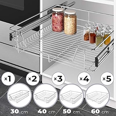 Jago Tiroir Téléscopique de Cuisine - Lot de 5, pour Placard de 30 cm, Largeur (30, 40, 50, 60 cm) et Set (1, 2, 3, 4 et 5 pièces) au Choix, Charge Max. 20kg, Rails Inclus - Panier de Rangement