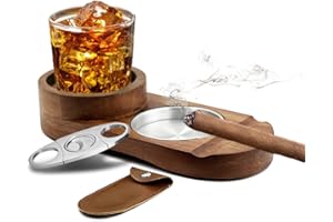 BIEFUSIN Cenicero de Madera para Cigarros, Bandeja de Vidrio de Whisky,Ranura para Sostener Puros,Soporte para Puros, Cortador de Cigarro con Funda, Juego de Accesorios para Puros Regalo para Hombres Lujo