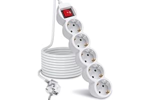 EXTRASTAR Regleta Alargador de 5 Metros con 5 Enchufes e Interruptor, para el hogar, Oficina y Viajes, Blanco 1Pc