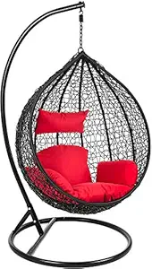 Vintage Oak Hammock Swing Chair with Powder Coated Iron Stand for Home Hanging Swings for Indoor, Outdoor, Home, Patio, Yard, Balcony, Garden (Brown Swing and Red Cushion)