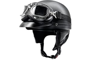 YOPOTIKA Open Motorbike Helmet with goggles Retro Motorcycle Crash Helmet,Leather Open Face Half Helmet & Visor UV Goggles,Black Open Face Helmet Vintage Style (1509257-AM123DE-2021)