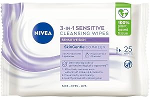 NIVEA 3-i-1 Rengöringsservetter för känslig hud, 25 stycken | Ansiktsservetter med ProVitamin B5 och hydramine, för ansikte