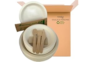 JOFISA Vajilla Desechable 300 piezas, Ecológica de Caña de Azúcar, para 50 personas, 50 Platos grandes, 50 Platos pequeños, 50 sets cubiertos de madera+servilleta.