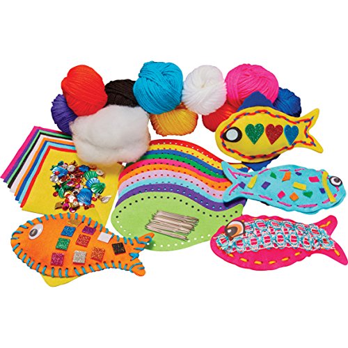 Springboard Felt Fish Sewing Kits for Children - Make Your Own 3D Felt Fabric Fish w/ Precut Shapes - Kids Sewing Kit for Beginners, Boys and Girls - 30-Pack - 16 x 8 cm - Assorted Colours