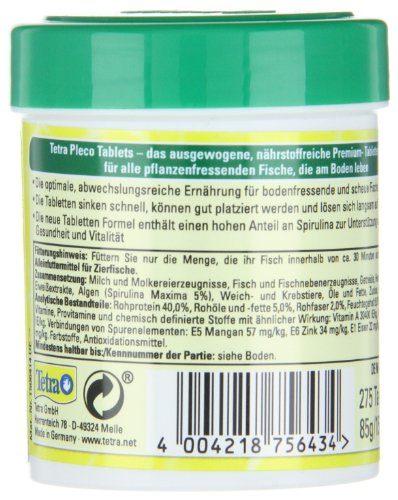 Tetra Pleco Tablets (Grünfutter-Tabletten mit einem hohen Anteil an Spirulina-Algen, Hauptfutter für alle pflanzenfressenden Bodenfische und scheuen Zierfische), 275 Tabletten Dose - 4