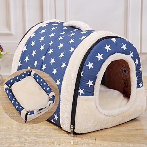 Pet Waterloo 2 In 1 Pet House and Sofa Removable Foldable Soft Pet Mat Bed Warm House With a Removable Cushion (S（35*30*28cm）, Blue sky and white stars)