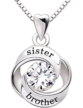 AlOV Jewelry Sterling Silver Sister and Brother Love Heart Zirconia Pendant Necklace
