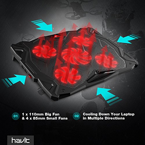 HAVIT Laptop Kühler Cooling Pad (bis zu 17 Zoll), Notebook Cooler Ständer Kühlpad Kühlmatte mit 5 Ventilatoren, 2 USB-Anschlüssen, rotes LED Licht (F2068) - 4