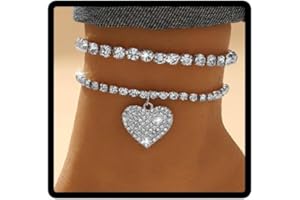 Wedity Double Layer Crystal Anklets Layered Love Bling Ankle Bracelets Summer Beach Foot Accessories Jewelry for Women Girls