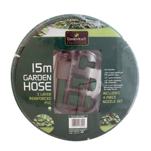 Preisvergleich Produktbild Benross GardenKraft 13890 Gartenschlauch 15 m, dreilagiger verstärkter PVC, Düse mit 2 Funktionen