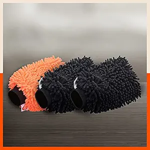 Bathla Spic & Span Multi Purpose Microfiber Cleaning Gloves (Pack of 3 - Black (x2) + Fluorescent Orange)