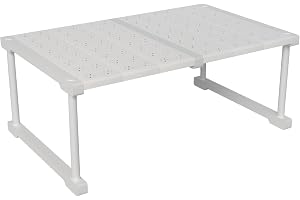 SOUNAY Stapelbar skåp garderob arrangör, skåpinsats, platsbesparande hylla för skåp inomhus, skåphylla utan borrning, vit, metallrör, justerbar längd 47–68 cm, för kök, badrum