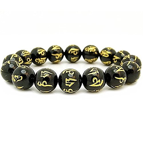 Odisha Bazar 12 mm Tibetan agata Mantra Om Mani Padme Hum-Bracciale con preghiera nero