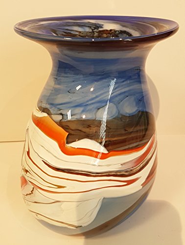 Vase ovale Form, bauchige farbige moderne Glasvase bunte dekorative Blumenvase mit Dekor aus farbigem Glas, mehrfarbig blau-beige marmoriert Tischdekoration mundgeblasen Höhe ca. 19-21 cm Oberstdorfer Glashütte - 4