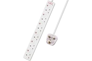 ExtraStar 6 Way Extension Leads with Surge Protection, Wall Mounted Power Strips with Individual Switches 13A UK Plug (1M, White)