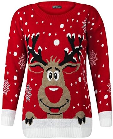 javox fashionLADIES KNITTED RUDOLPH REINDEER XMAS WOMENS CHRISTMAS NOVELTY JUMPER SWEATER TOP (S/M 8-10, RED)
