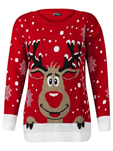 javox fashionLADIES KNITTED RUDOLPH REINDEER XMAS WOMENS CHRISTMAS NOVELTY JUMPER SWEATER TOP (S/M 8-10, RED)