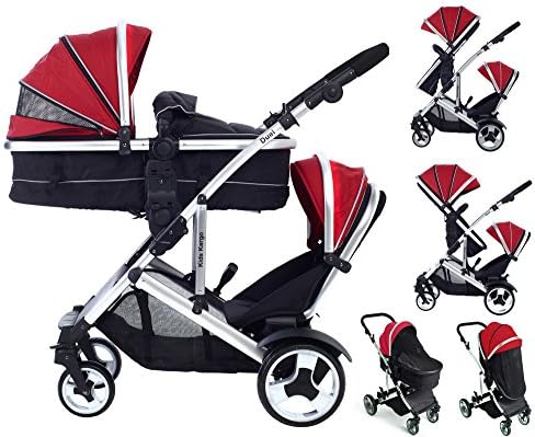 Duel combo Double pushchair with carrycot pram Newborn &amp; toddler, tandem travel system buggy Pramette convertible carrycot to seat unit and toddler/child seat unit, Kids Kargo Car seat or Maxi Cosi adapters (sold separately) 2 rain covers Silver Chassis, Berry Red by Kids Kargo