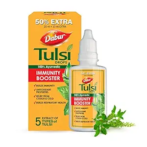 Dabur Tulsi Drops- 50% Extra: Concentrated Extract Of 5 Rare Tulsi For Natural Immunity Boosting & Cough And Cold Relief: (20Ml +10Ml Free)