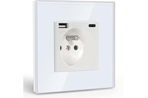 BSEED Prise Murale avec USB et 1 Type C,16A Prise de Courant Alternatif avec Panneau en Verre,Multiprise Murale Max 2.1A,Convient au Smartphone, à la Tablette (Blanc)